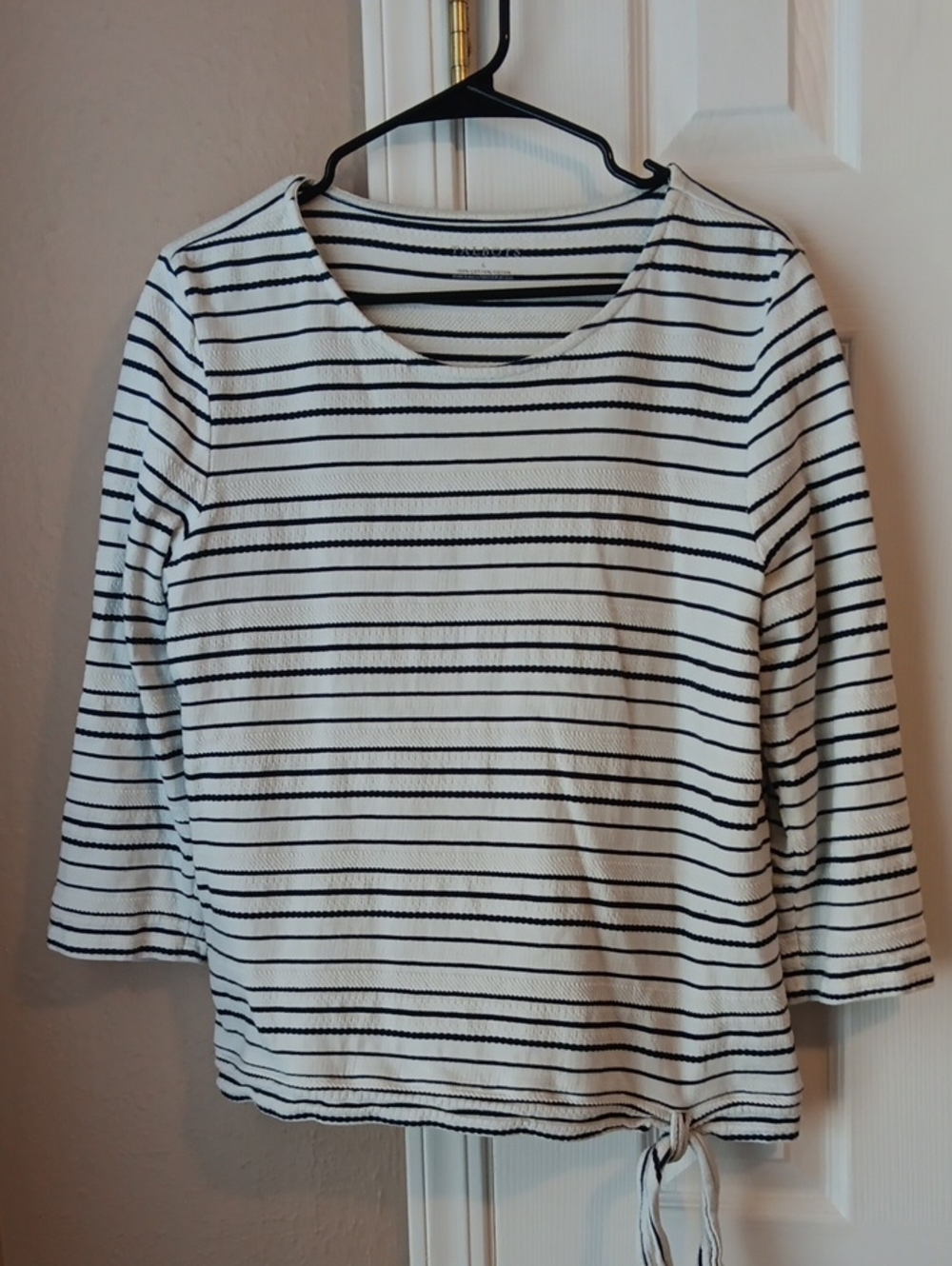 Talbots White and Navy Striped Long-Sleeve Tie-Hem Tee